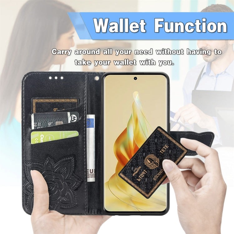 Black embossed butterfly flower flip phone wallet case with card slots and magnetic cover