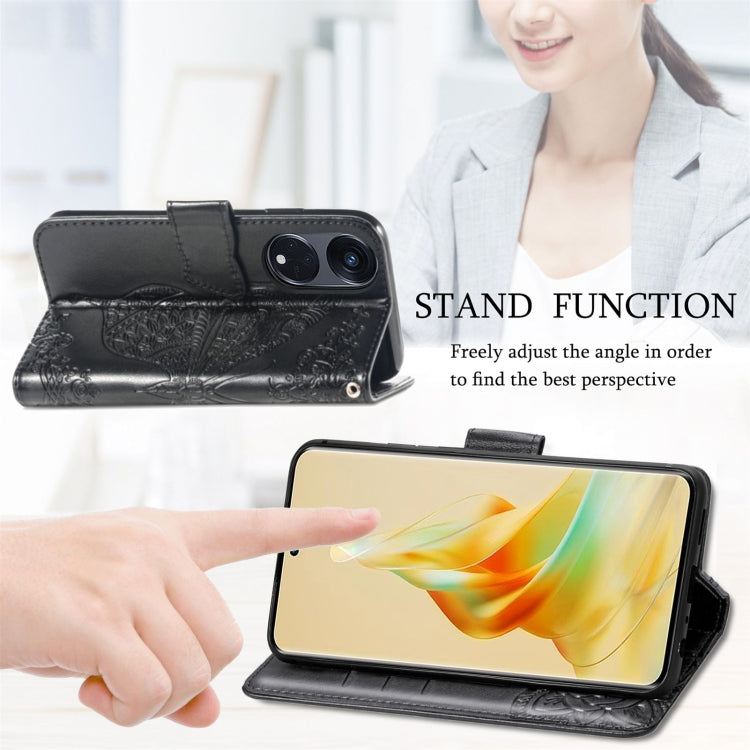 Black embossed butterfly flower flip phone case with adjustable stand and secure flip cover