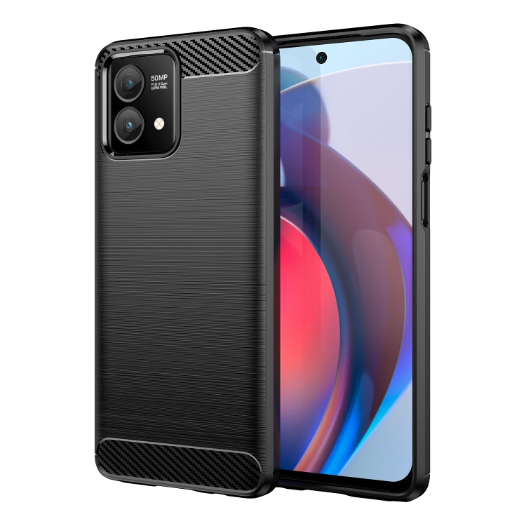 Black TPU phone case with brushed texture, carbon-fiber top edge, and camera cutout