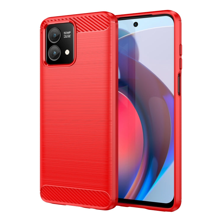 Red TPU phone case with brushed texture, carbon-fiber top edge, and camera cutout