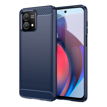 Blue TPU phone case with brushed texture, carbon-fiber top edge, and camera cutout
