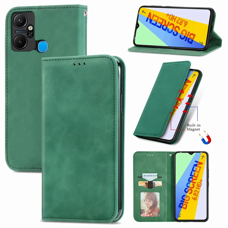 Green magnetic flip leather phone case set: back, front, and stand views.