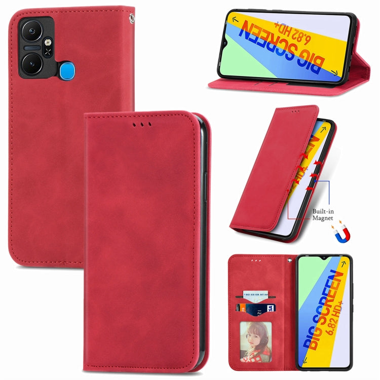Red magnetic flip leather phone case with card slot and stand