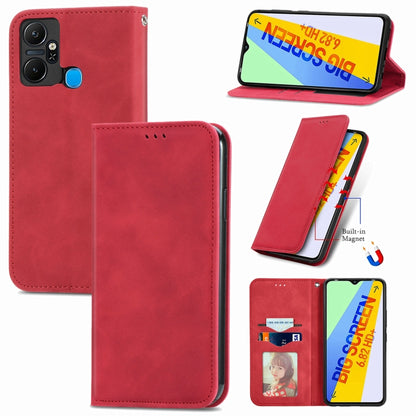 Red magnetic flip leather phone case with card slot and stand