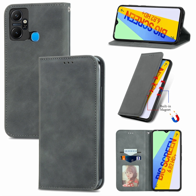 Gray magnetic flip leather phone case with side button and camera cutouts