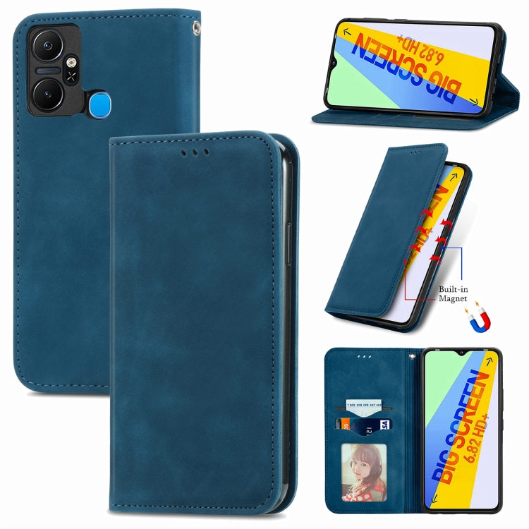 Blue magnetic flip leather phone case with side button and camera cutouts