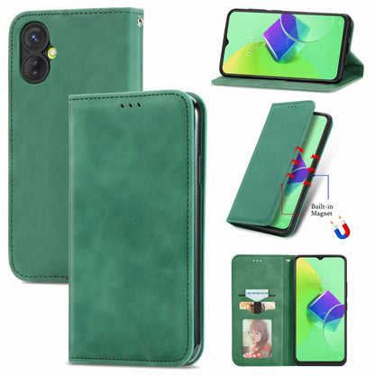 Green magnetic flip leather phone case with back and open stand display.