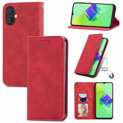 Red magnetic flip leather phone case with card slot and stand