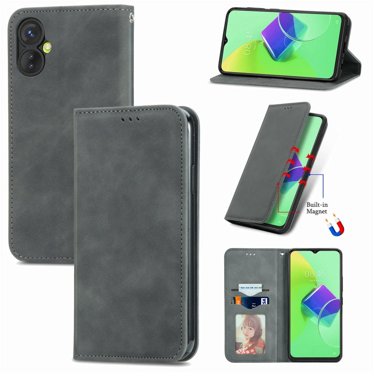 Dark gray magnetic flip leather phone case with card slot and camera cutouts