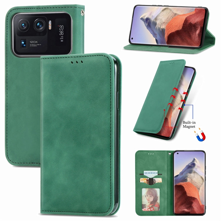 Green magnetic flip leather phone case with camera cutout and stand view.