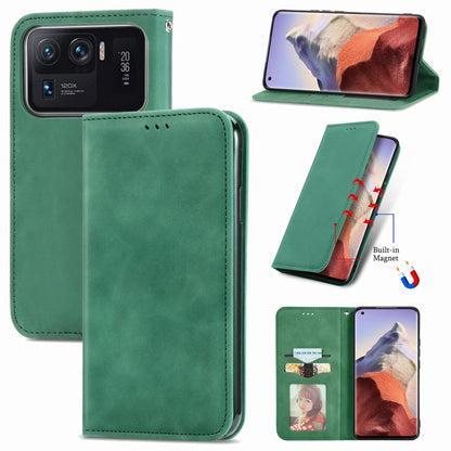 Green magnetic flip leather phone case with camera cutout and stand view.