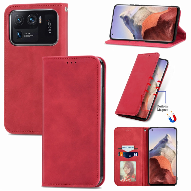Red magnetic flip leather phone case with card slot and viewing stand