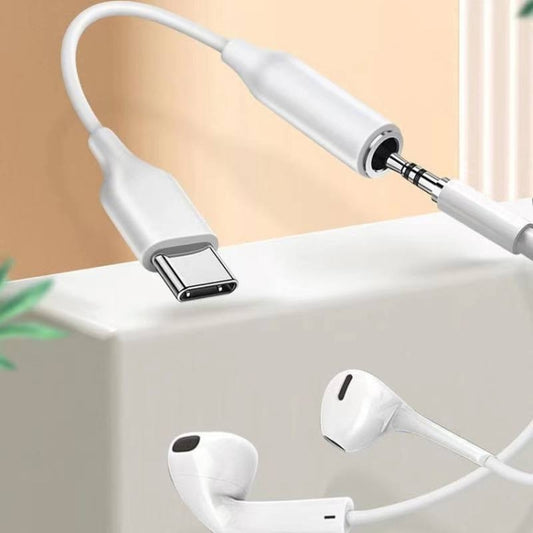 USB-C to 3.5mm adapter cable with audio jack and white wired earbuds