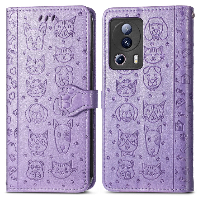 Cute Cat and Dog Embossed Leather Phone Case, For Xiaomi 13 Lite