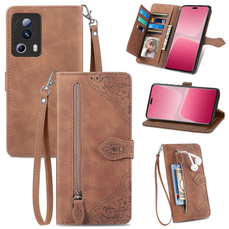 Embossed Flower Zipper Leather Phone Case, For Xiaomi 13 Lite