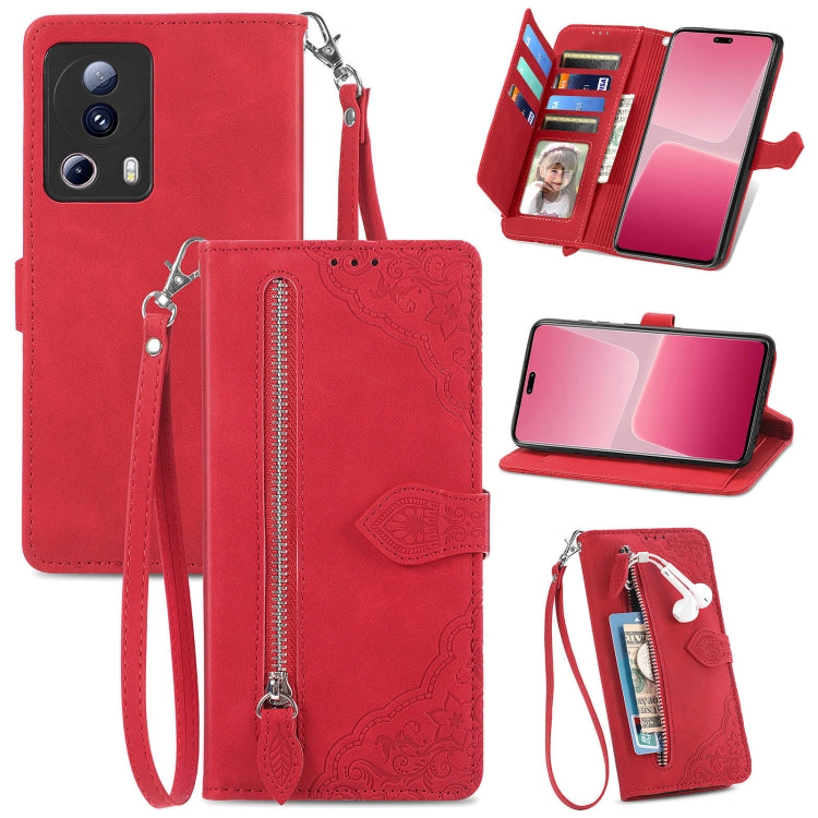 Embossed Flower Zipper Leather Phone Case, For Xiaomi 13 Lite