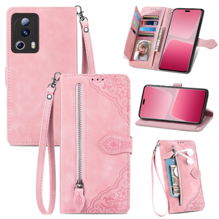 Embossed Flower Zipper Leather Phone Case, For Xiaomi 13 Lite