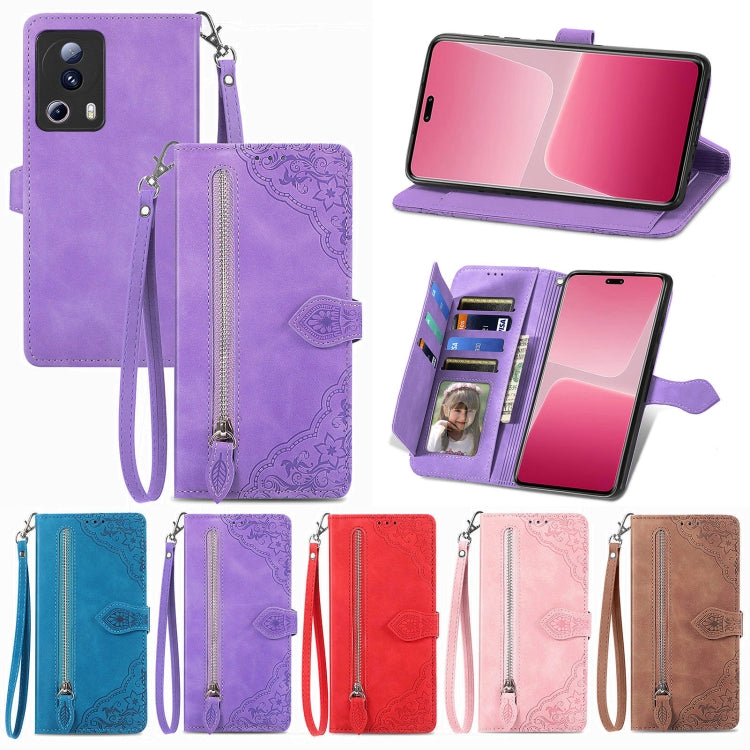 Embossed Flower Zipper Leather Phone Case, For Xiaomi 13 Lite