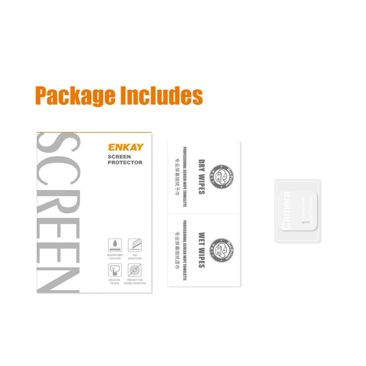 ENKAY camera lens protector package contents with film and camera-cut templates