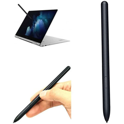 Black S Pen stylus next to tablet for writing and drawing