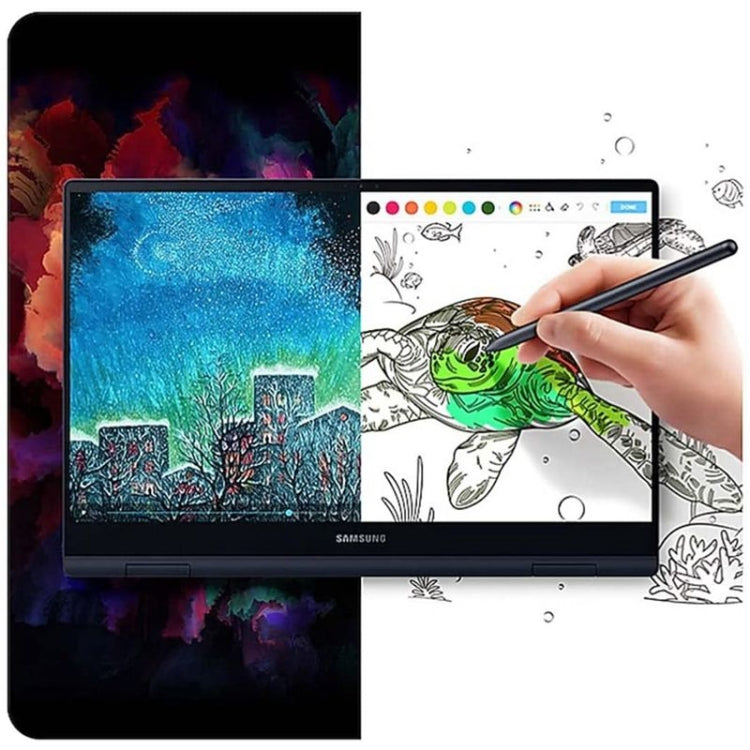 Black stylus drawing on tablet with colorful screen content