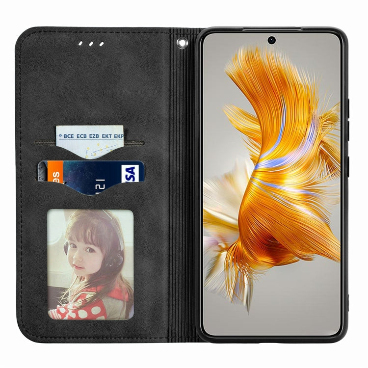 Black magnetic flip leather phone case with card slots and full-cover folio design.