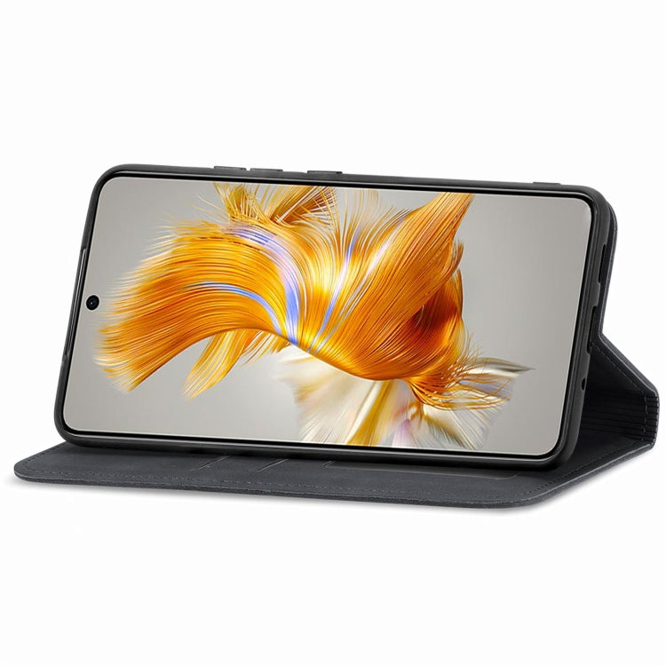 Black magnetic flip leather phone case folded as a kickstand for landscape viewing.