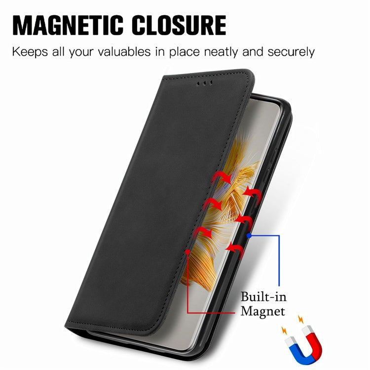 Black magnetic flip leather phone case with built-in magnet closure for secure hold.