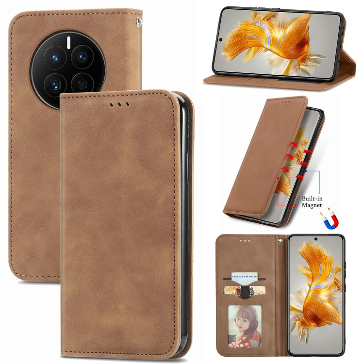 Brown magnetic flip leather phone case with built-in magnet and card holder window.