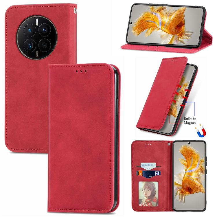Red magnetic flip leather phone case with built-in magnet and full front cover.