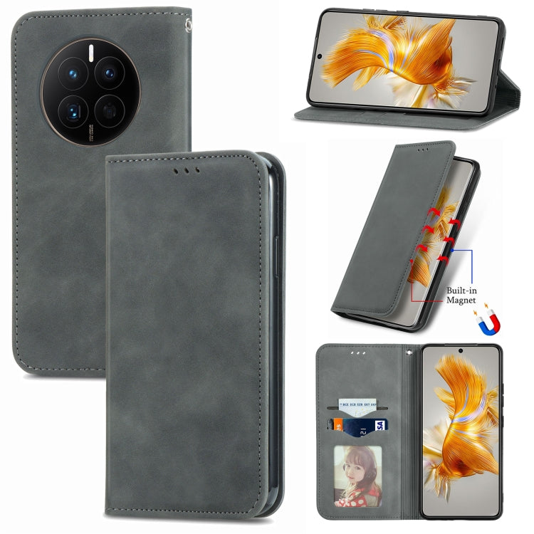 Gray magnetic flip leather phone case with built-in magnet and folio front cover.
