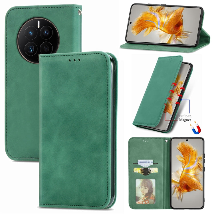 Green magnetic flip leather phone case with built-in magnet and front folio cover.