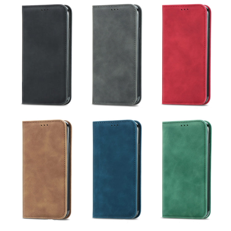 Assorted magnetic flip phone cases in black, gray, red, brown, blue, and green.