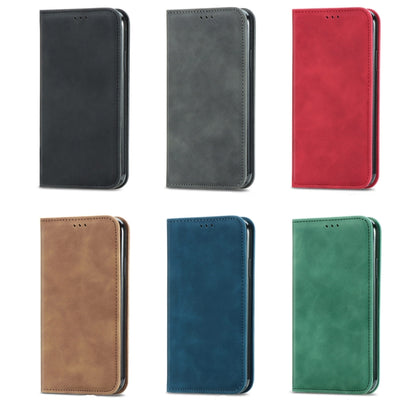 Assorted magnetic flip phone cases in black, gray, red, brown, blue, and green.