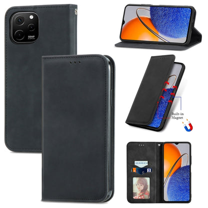 Black magnetic flip leather phone case with card slot and camera cutout.