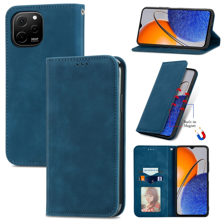 Blue magnetic flip leather phone case with card slot and camera cutout.