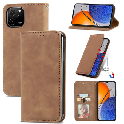 Brown magnetic flip leather phone case with card slot and camera cutout.