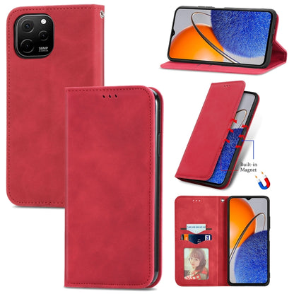 Red magnetic flip leather phone case with card slot and camera cutout.