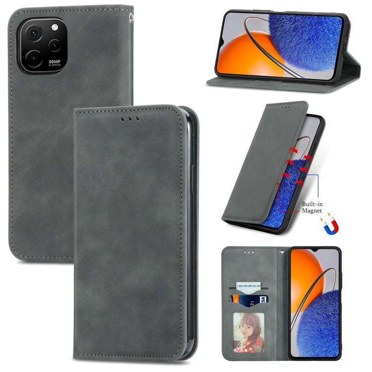 Dark gray magnetic flip leather phone case with card slot and camera cutout.