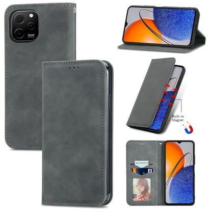 Dark gray magnetic flip leather phone case with card slot and camera cutout.