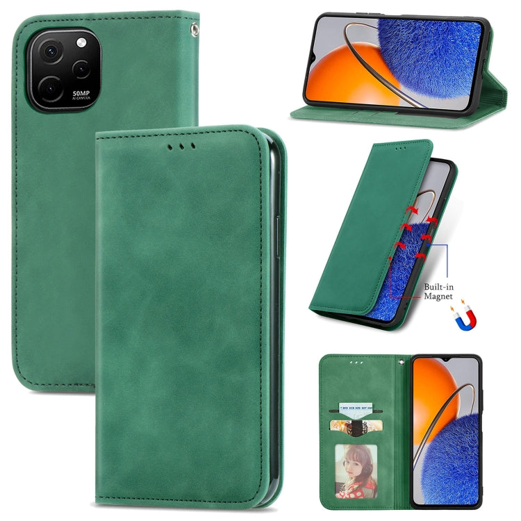 Green magnetic flip leather phone case with card slot and camera cutout.