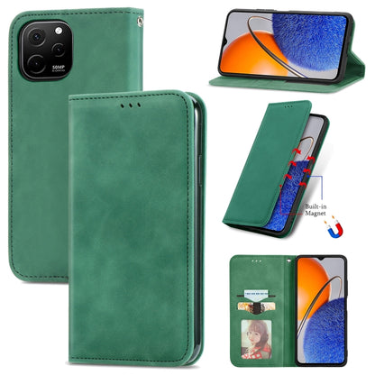 Green magnetic flip leather phone case with card slot and camera cutout.