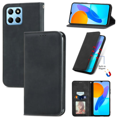 Black magnetic flip leather phone case with camera cutout and speaker opening.