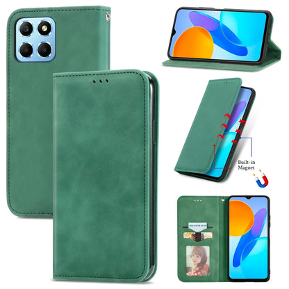 Magnetic flip phone case with faux leather finish, green, card slot, built-in magnet.
