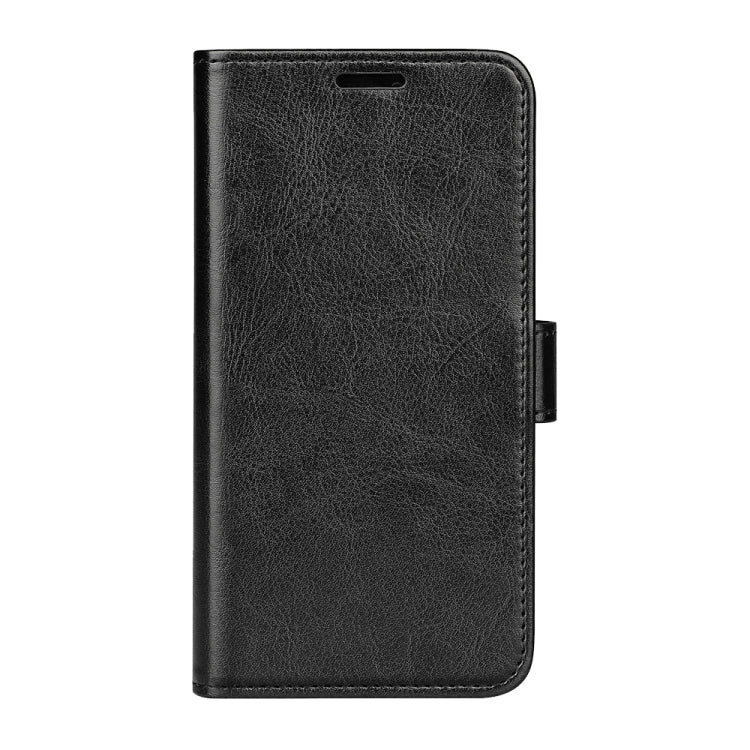 Black textured leather flip phone case, closed front with speaker and button cutouts
