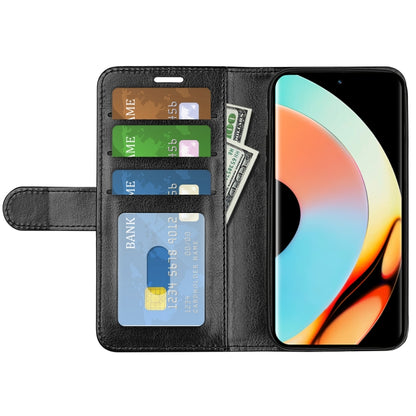 Black textured leather flip phone case with card slots, wallet flap, and stand