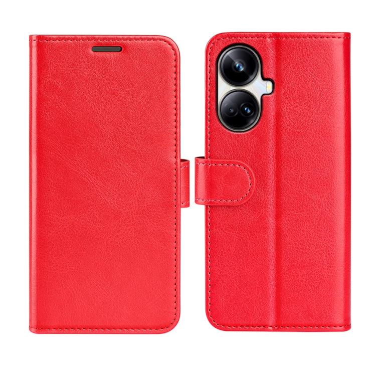 Red textured leather flip phone case with magnetic closure and camera cutouts