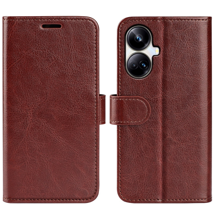 Brown textured leather flip phone case with magnetic closure and camera cutouts