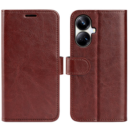 Brown textured leather flip phone case with magnetic closure and camera cutouts
