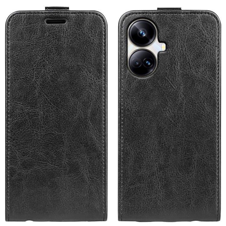 Black textured leather flip phone case for Realme 10 Pro+, single vertical cover